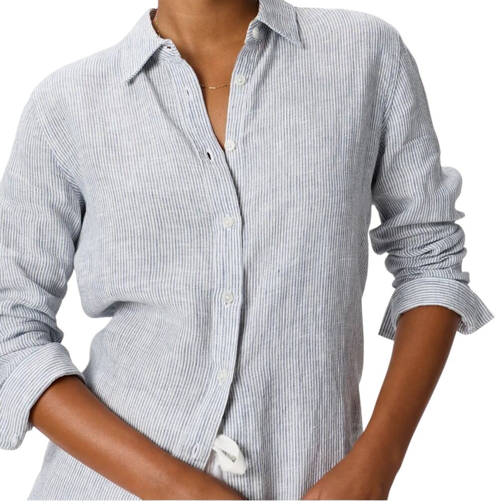 Quince 100% European Linen Long Sleeve Button Up Shirt Blue Pinstripe Women's XL